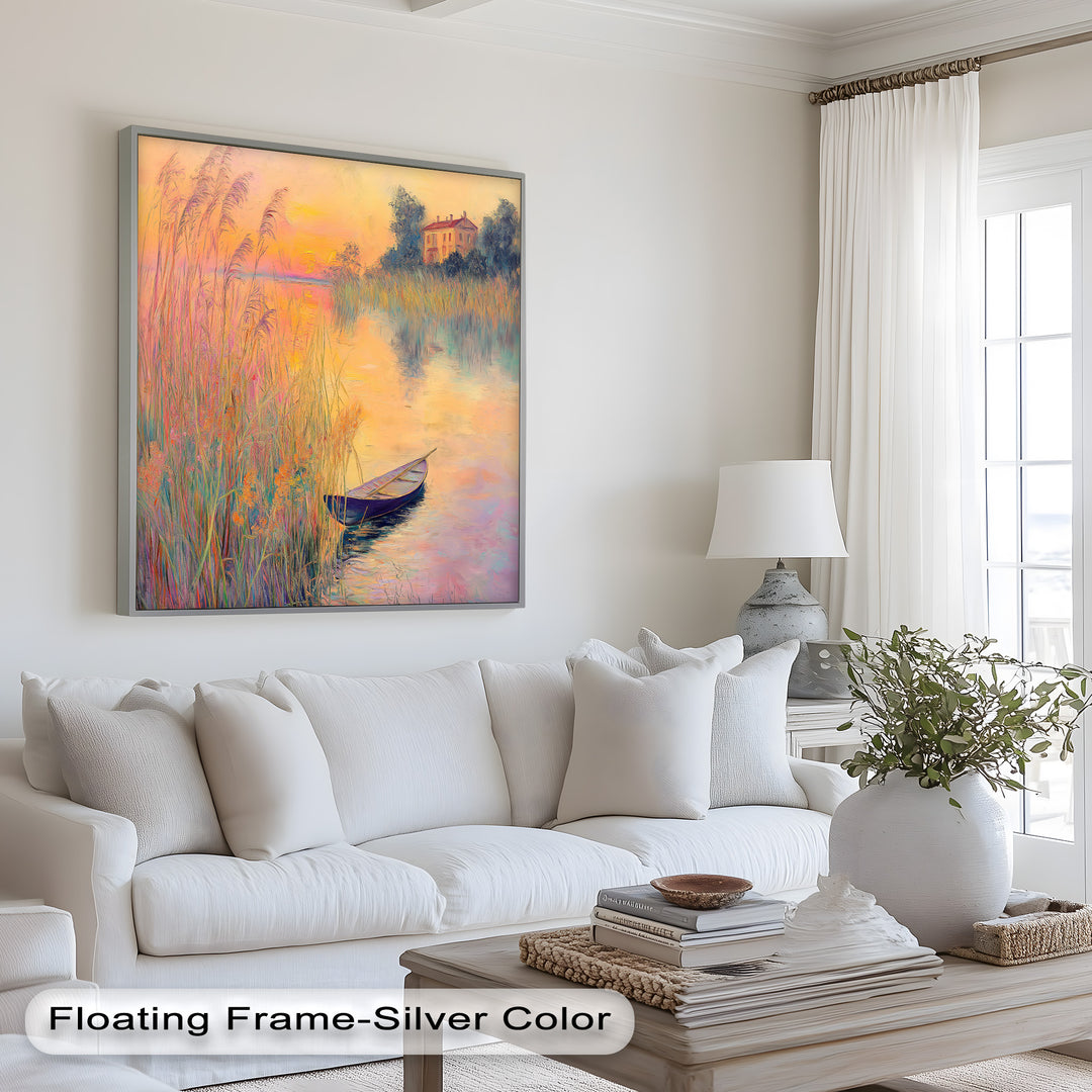 Golden Reeds and Sunset Rowboat – Impressionist Oil Painting