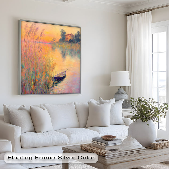 Golden Reeds and Sunset Rowboat – Impressionist Oil Painting