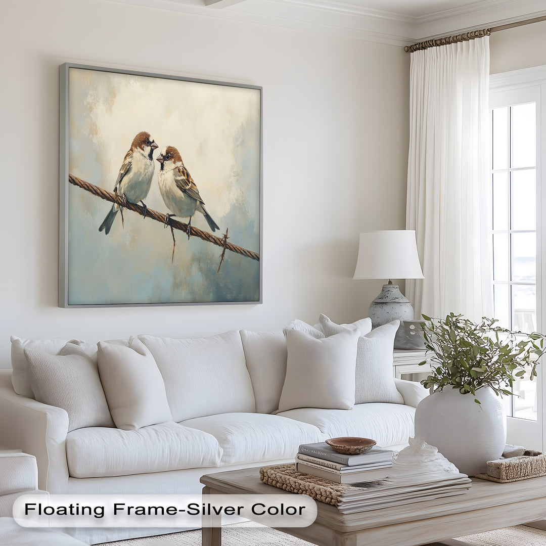 Two Sparrows on a Wire – Bird Oil Painting
