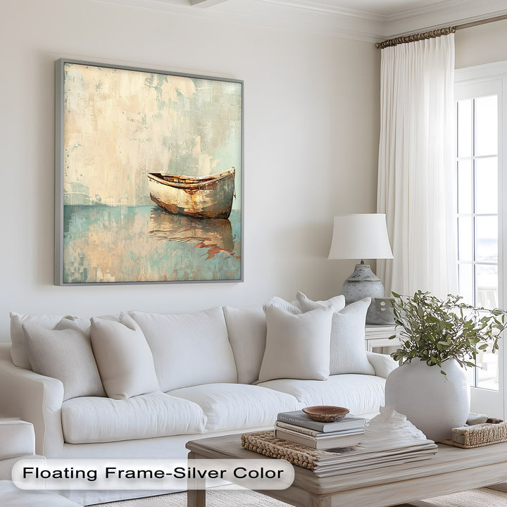 The delicate balance between realism and abstraction in this artwork highlights the quiet elegance of a lone boat, floating effortlessly in a world of soft pastels and textured reflections.