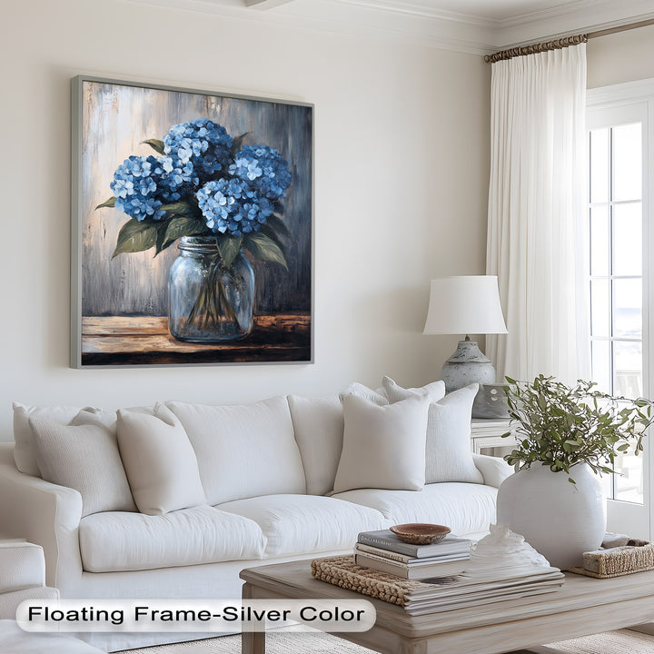 Blaue Gelassenheit – Hortensienblüten im Einmachglas, Blumenölgemälde
