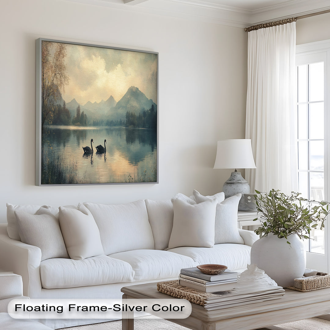 Black Swans on a Mountain Lake – Modern Oil Painting