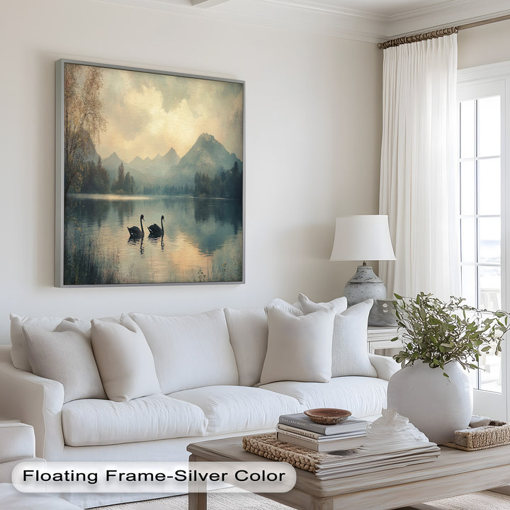 Black Swans on a Mountain Lake – Modern Oil Painting