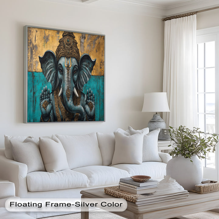 Blaue Ganesha Wandkunst – Religiöses Ölgemälde