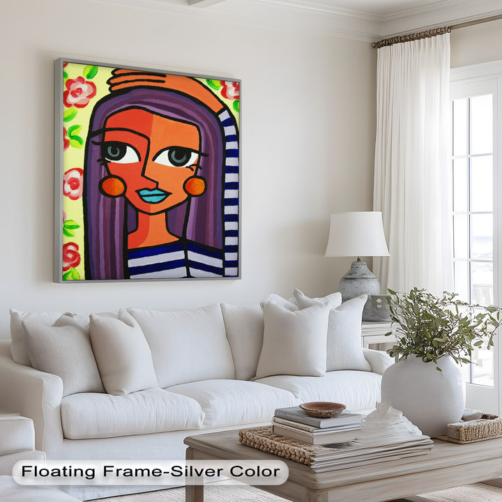 Striped Radiance – Playful Woman with Purple Hair Picasso Oil Painting
