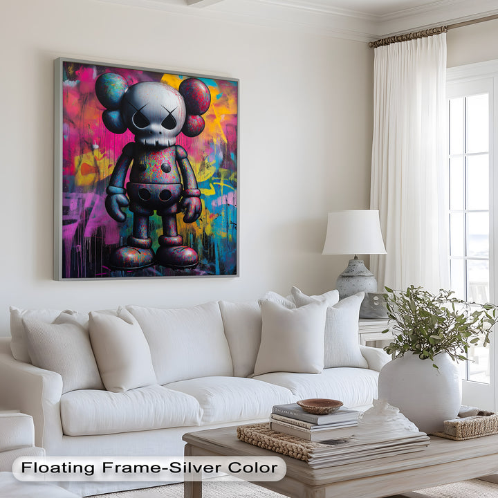 Neon Skull Companion – Mehrfarbiges KAWS-Ölgemälde