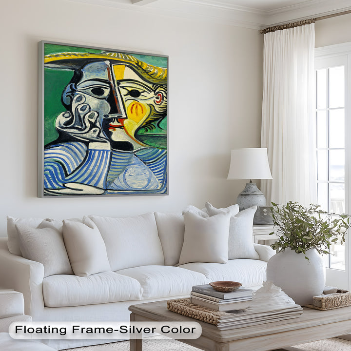 Nachdenklicher Blick – Gestreifte Frau mit Sonnenhut Picasso Ölgemälde