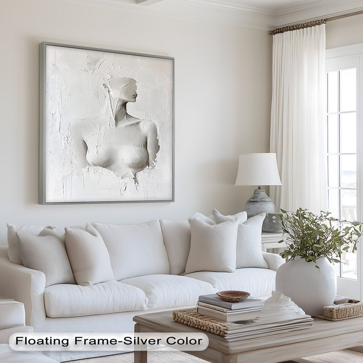 Silent Form – Minimalist White Abstract Female Oil Painting
