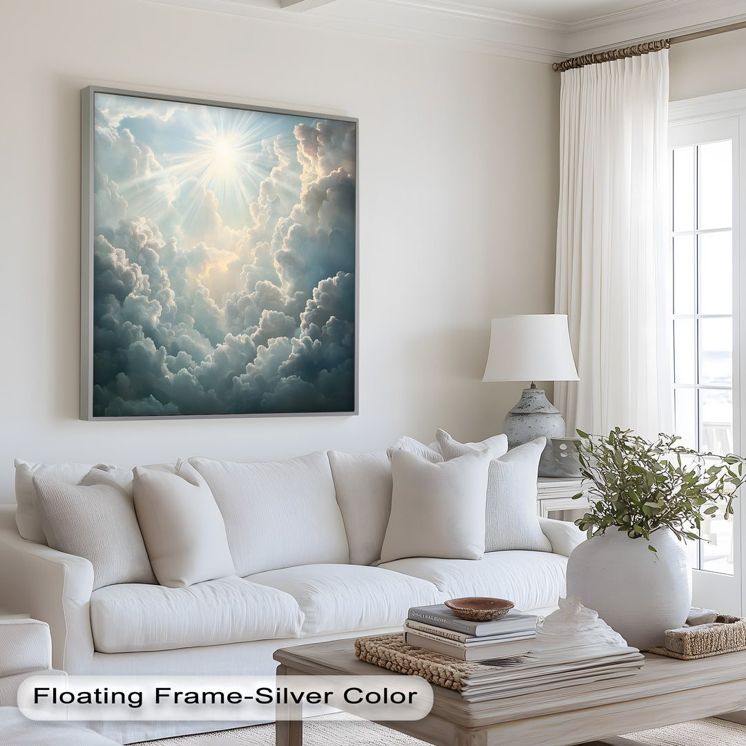 A dreamlike expanse of golden sunlight and soft blues blends seamlessly into a sky full of cascading clouds, bringing warmth and tranquility to this atmospheric artwork.
