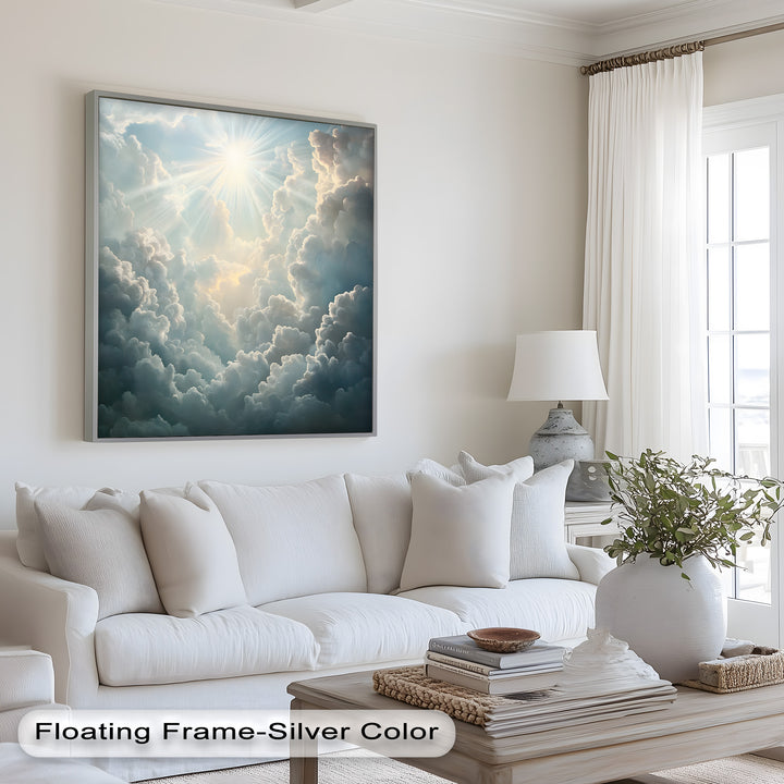 A dreamlike expanse of golden sunlight and soft blues blends seamlessly into a sky full of cascading clouds, bringing warmth and tranquility to this atmospheric artwork.
