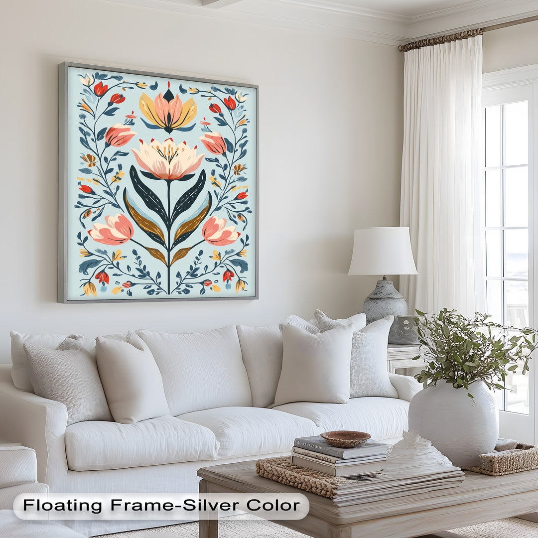 Folk-inspirierte Tulpenharmonie – Boho-Blumenölgemälde