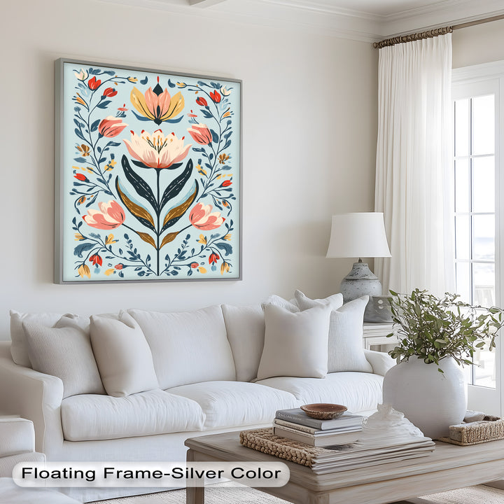 Folk-inspirierte Tulpenharmonie – Boho-Blumenölgemälde