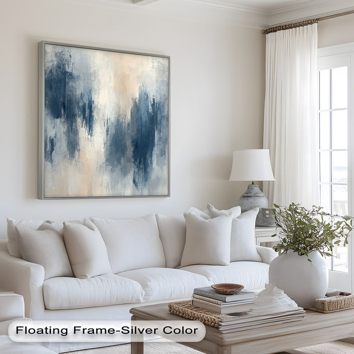 Echoes in Mist – Stimmungsvolles abstraktes Ölgemälde in Blau und Beige