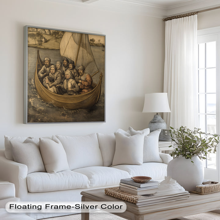 Medieval Sailors in Wooden Vessel - Historic Oil Painting