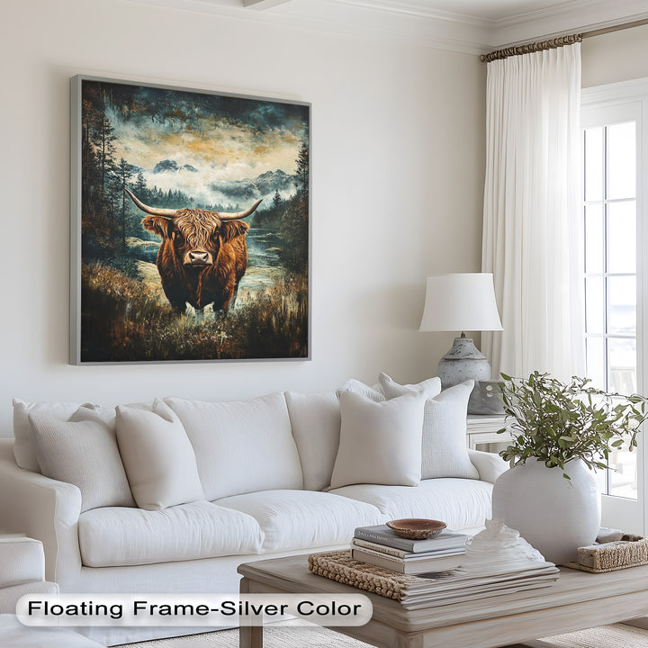 Highland Cow in Misty Pines – Wilderness Oil Painting