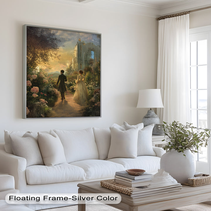 Victorian Lovers at Twilight – Romantic Garden Walk Oil Painting