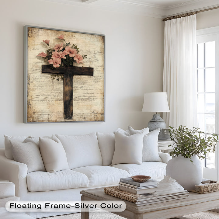 Holzkreuz mit rosa Blüten - Christliches Ölgemälde