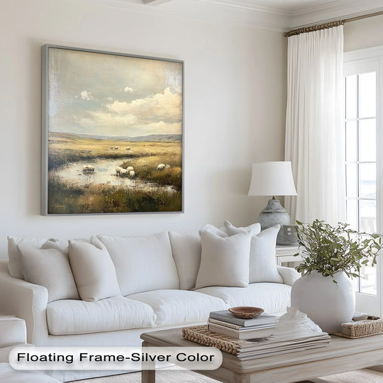 Featuring the clean, rectangular frame of vintage sheep modern art, this framed oil painting artwork offers a geometric contrast to the idyllic scene and soft, clouded sky.