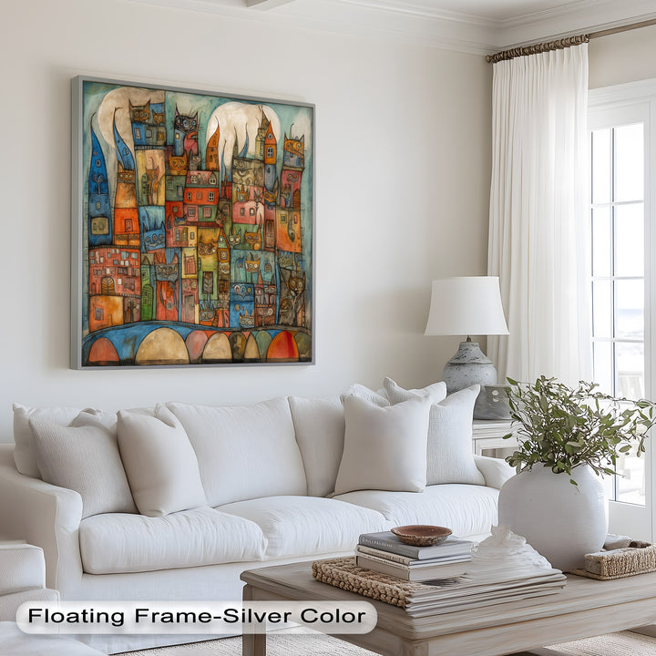 Whimsical Cat Cityscape – Surreal Architecture and Feline Picasso Oil Painting