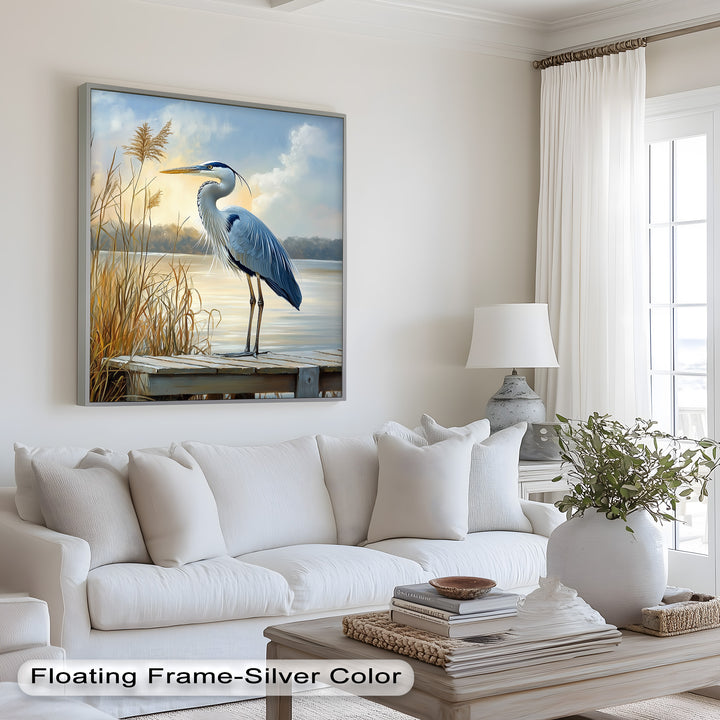 Majestic Heron in Misty Marshland - Animal Oil Painting