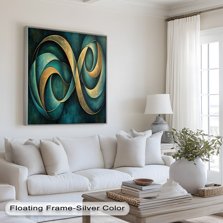 Modern wall art featuring intertwined loops in rich blue and gold tones.
