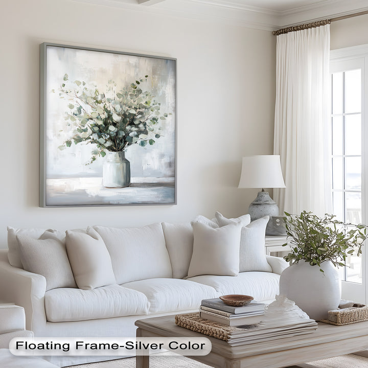 Eucalyptus Essence – Minimalist Greenery in Ceramic Vase Oil Painting