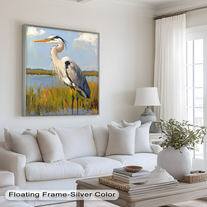 Heron in Sunlit Wetlands – Modern Oil Painting