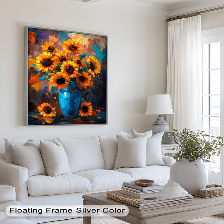 Sunlit Joy – Bold Sunflowers in Blue Vase Oil Painting