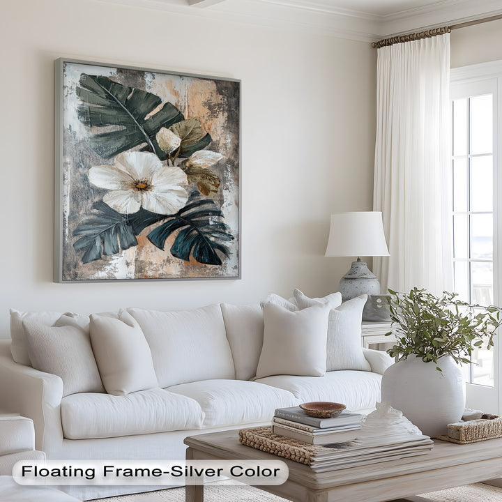 White Bloom and Tropical Leaves - Flower Oil Painting