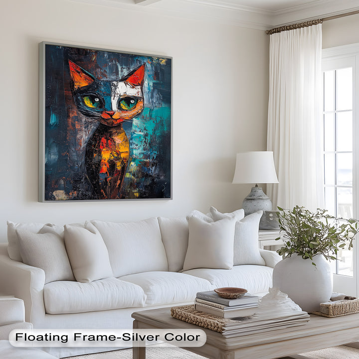 Abstraktes Katzenportrait mit Neonfarben - Tierölgemälde