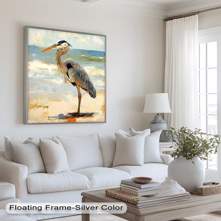 Elegant Heron Standing on Shoreline – Framed Oil Painting