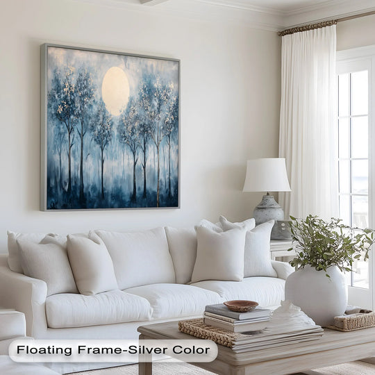 Embrace the magic of nature with this breathtaking oil painting, showcasing tall, elegant trees illuminated by a radiant full moon. The dreamy blend of deep blues and silvery highlights creates a calming and mystical atmosphere, perfect for modern interiors.