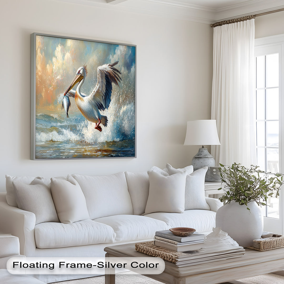 Pelican Catching Fish in Ocean Surf – Animal Oil Painting