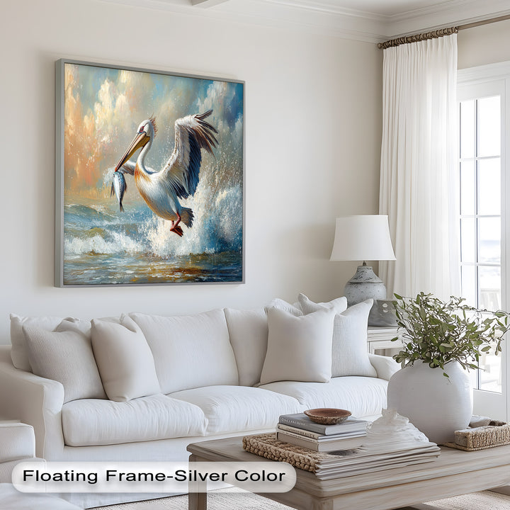 Pelican Catching Fish in Ocean Surf – Animal Oil Painting