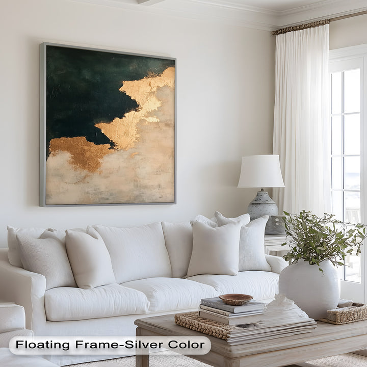 Golden Drift – Minimalistisches abstraktes Ölgemälde in Gold und Dunkelgrün