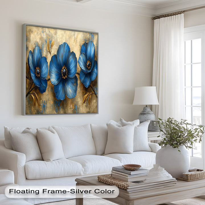 Golden Beige Elegance – Royal Blue Floral Trio Flower Oil Painting