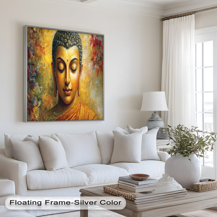 A calming representation of the Buddha, immersed in warm colors and surrounded by symbolic natural elements reflecting peace and enlightenment.