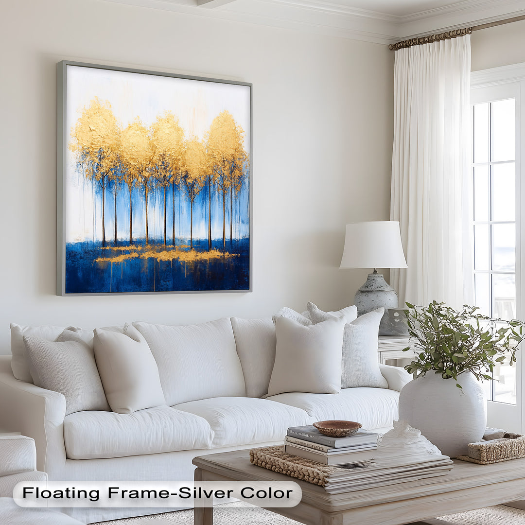 Goldene Bäume am blauen Horizont - Abstraktes Ölgemälde