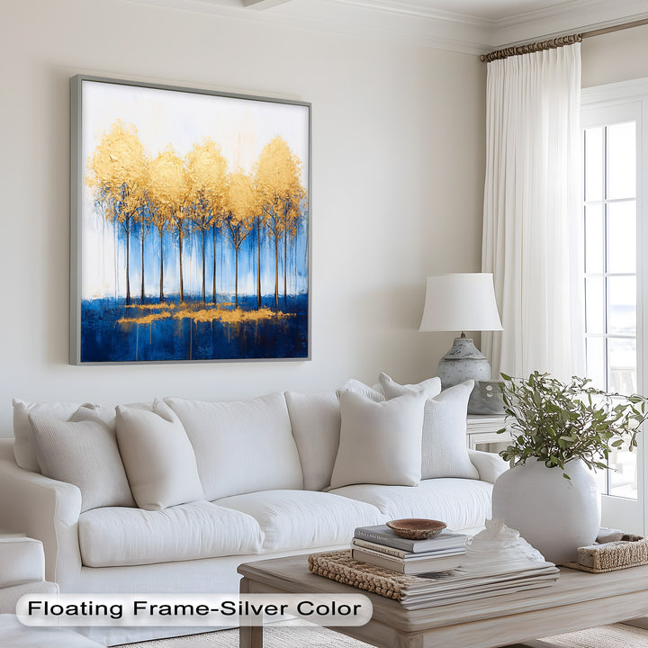 Goldene Bäume am blauen Horizont - Abstraktes Ölgemälde