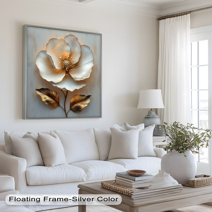 Golden Glow Bloom – White and Gold Flower Oil Painting