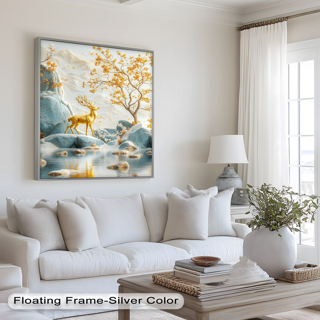 Golden Deer in Snowy Mountain - Animal Oil Painting