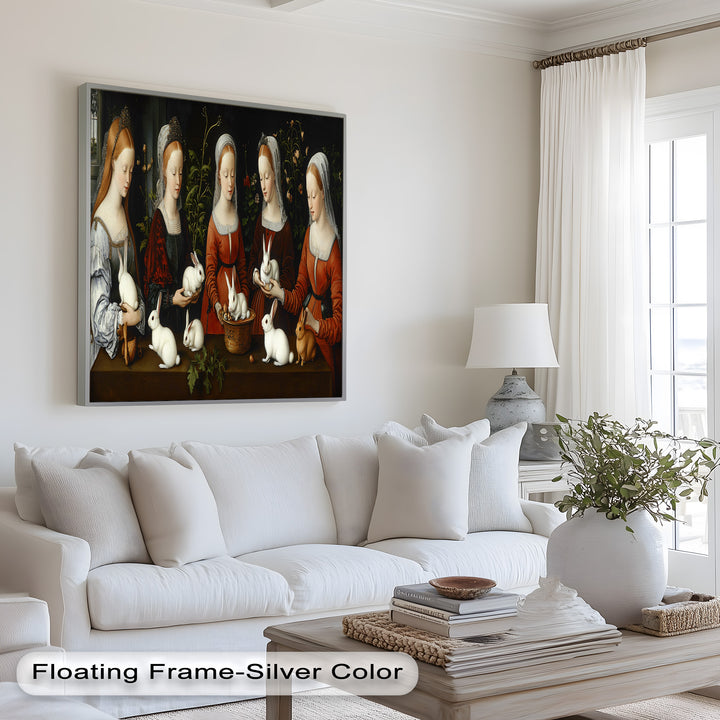 Maiden Garden Gathering – Renaissance Rabbit Portrait Oil Painting