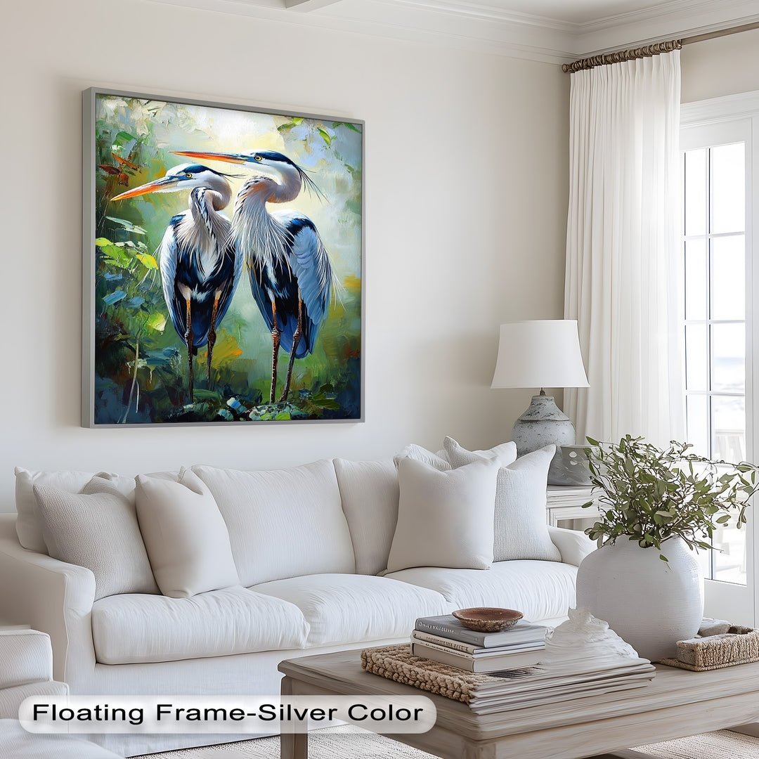 Pair of Herons in Forest Light – Animal Oil Painting