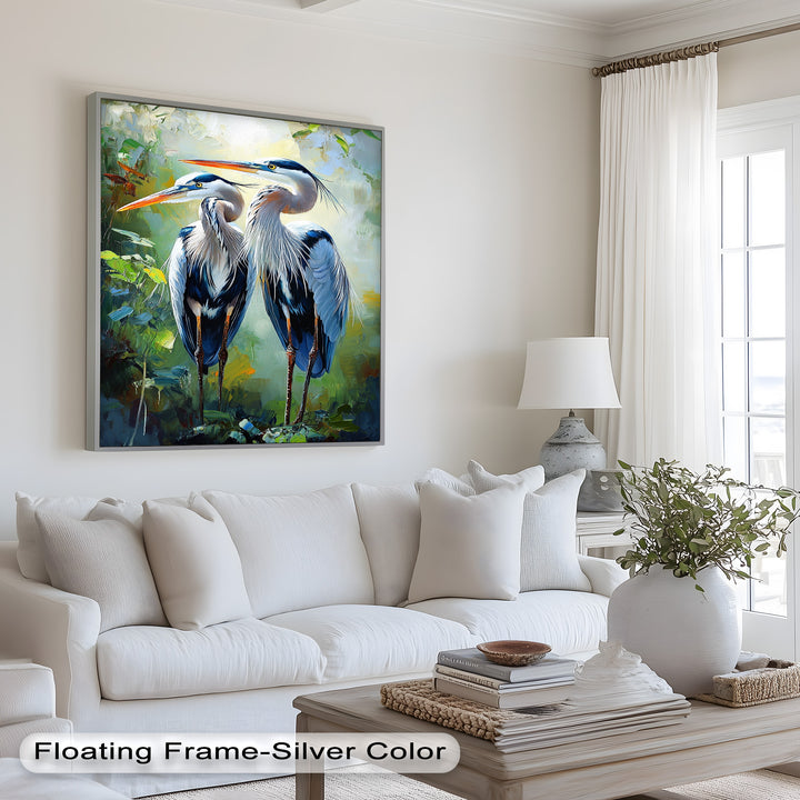 Pair of Herons in Forest Light – Animal Oil Painting