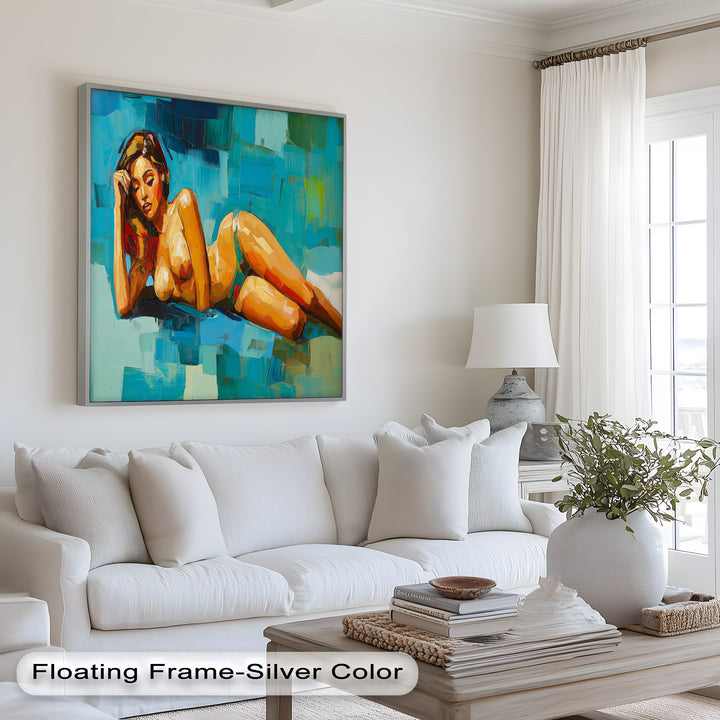 Tropical Repose – Reclining Woman with Ocean Tones Oil Painting
