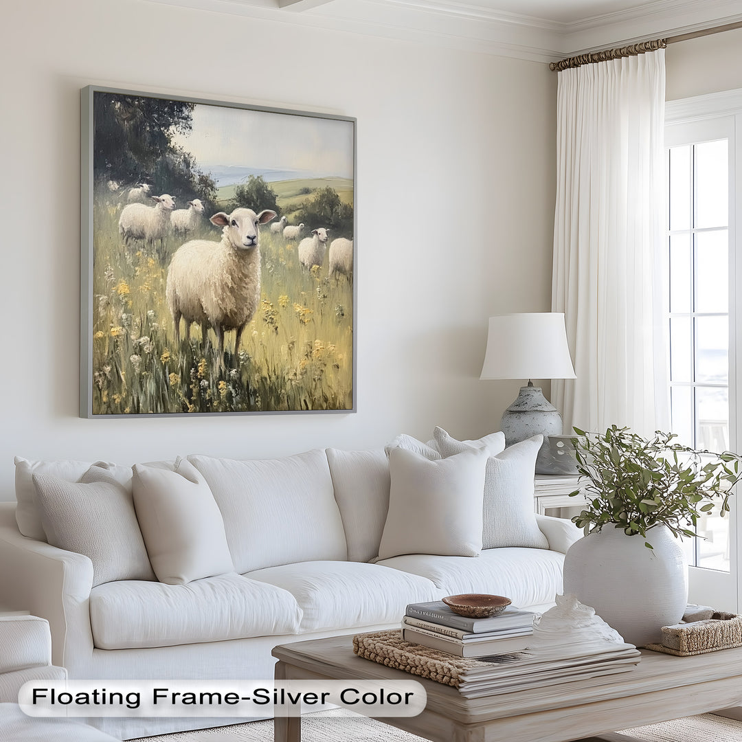 Sheep in Spring Meadow – Pastoral Oil Painting