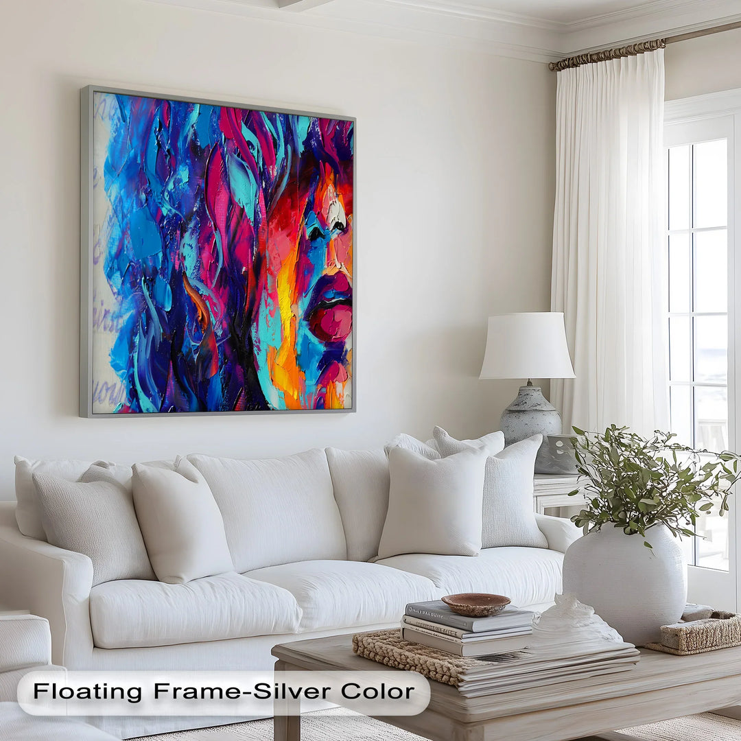 A striking contemporary artwork with a textured, impasto-style face emerging from a swirl of deep blues, fiery reds, and neon highlights