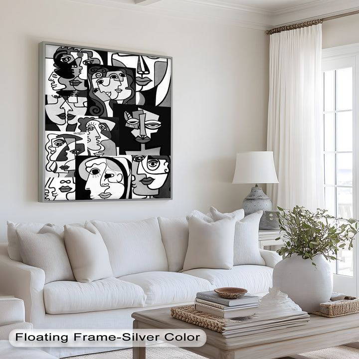 Monochrome Muse – Picasso-inspiriertes Ölgemälde mit kubistischen Gesichtern