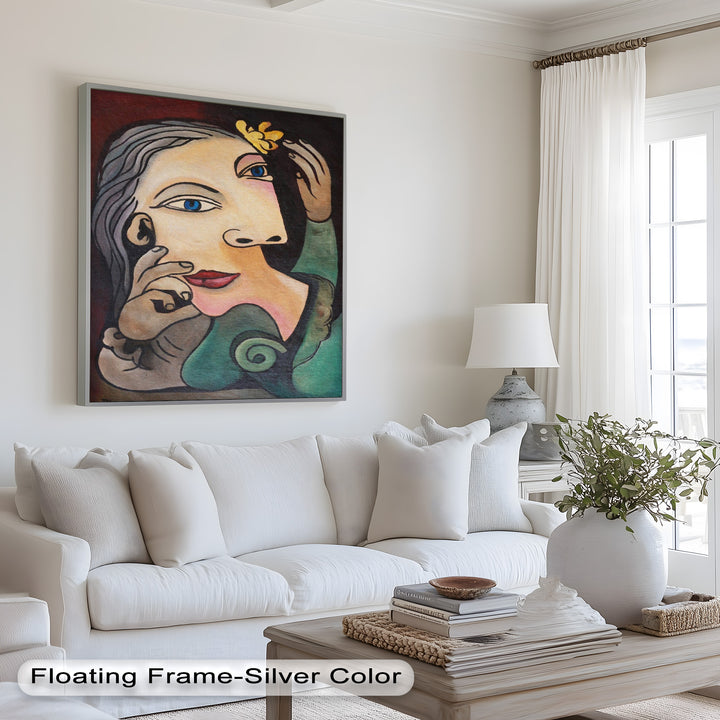 Whimsical Bloom – Surreale Frau mit gelber Blume Picasso Ölgemälde