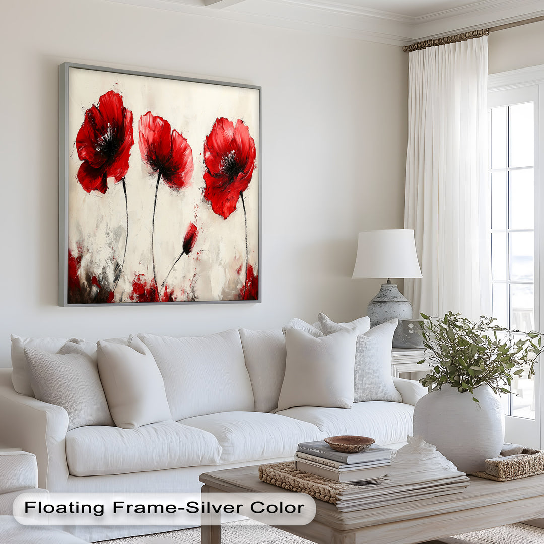 Crimson Elegance – Bold Red Poppies on Cream Flower Oil Painting